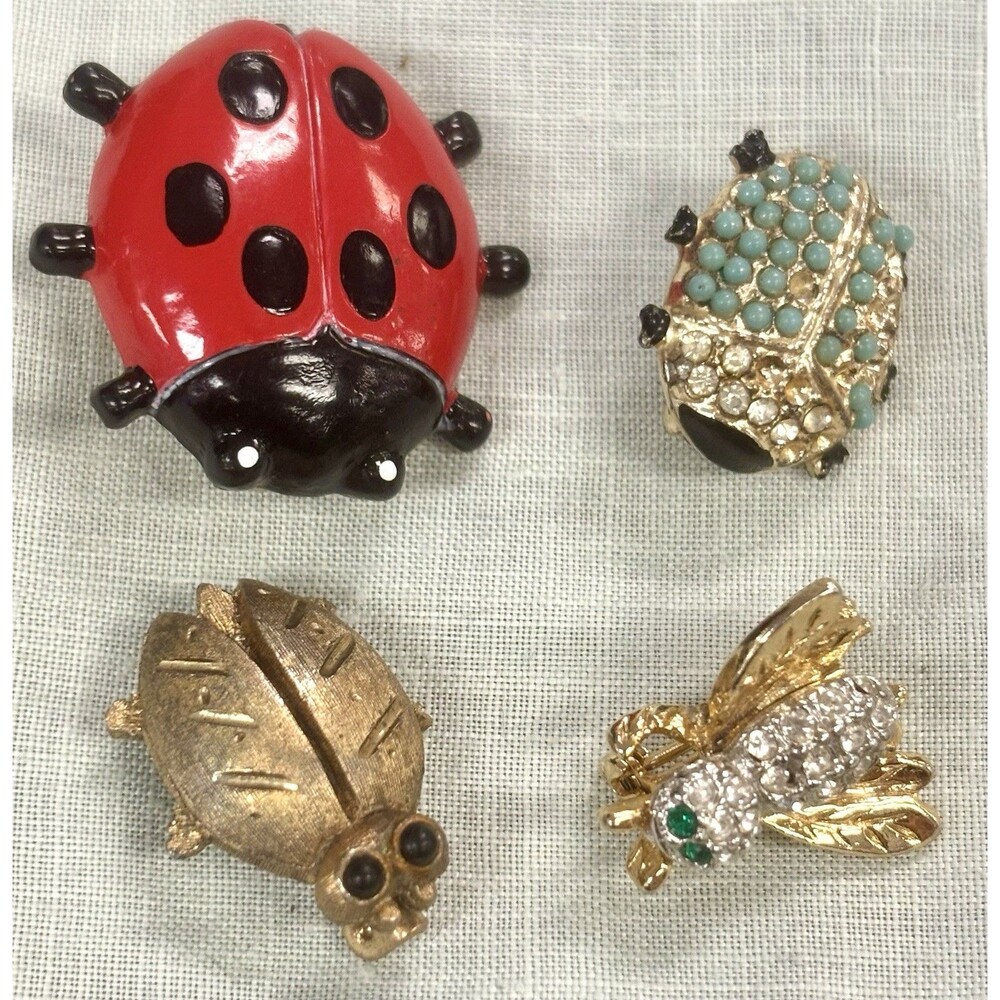 Vintage Miniature Insect Brooch Pin Lot 4 Tiny Ladybug Bee Rhinestone Figural